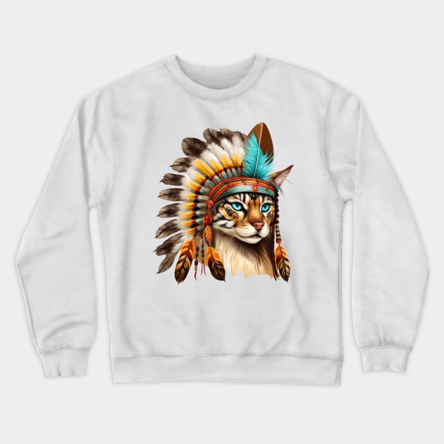 Native American Cat Portrait #2 Crewneck Sweatshirt by Chromatic Fusion Studio